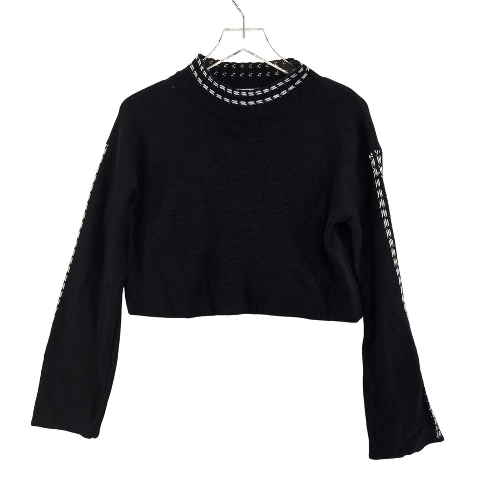 Sweet Rain Black Mock Neck Cropped Sweater with White Contrast Stitching Size S